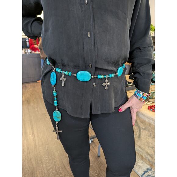 Large Oval Turquoise and Sterling Silver Cross Hook Belt Adjustable 48" Blue - Picture 2 of 12